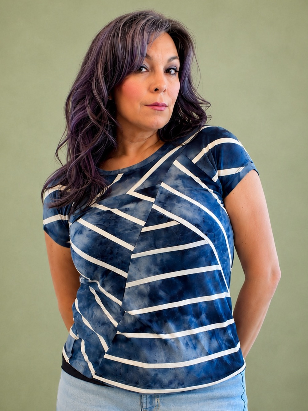 BCBGMAXAZRIA Blue Geometric Stripe Stretch Knit Tee Top Small